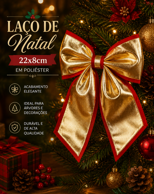 LAÇO DE NATAL DECORATIVO DOURADO DE POLIÉSTER 22X8CM - MULTIART