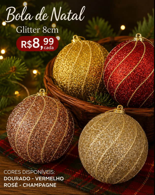 BOLA DE NATAL DECORADA COM GLITTER 10CM CORES SORTIDAS UNITÁRIA - MULTIART