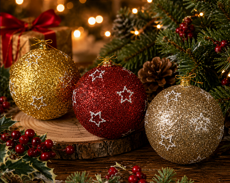 BOLA DE NATAL DECORADA STAR COM GLITTER 10CM CORES SORTIDAS UNITÁRIA - MULTIART