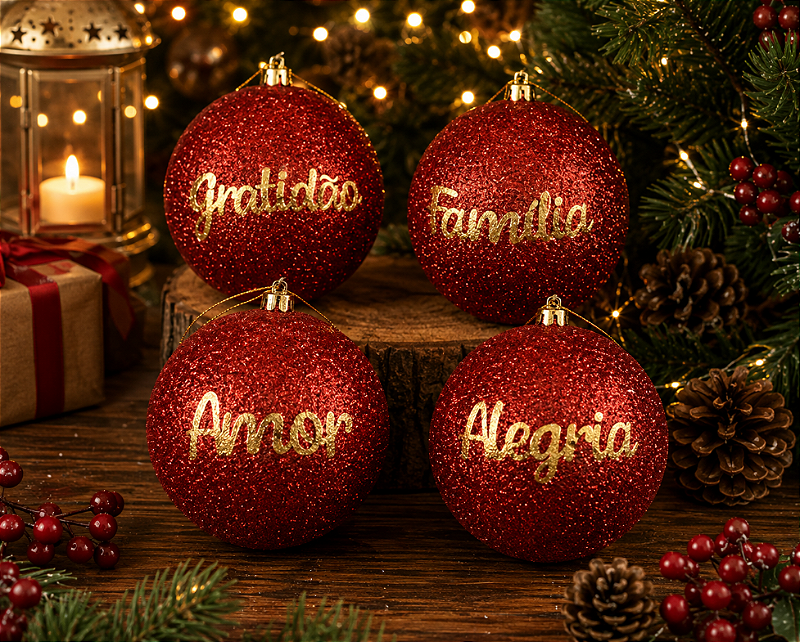 BOLA DE NATAL DECORADA PALAVRAS VERMELHA COM DOURADA 10CM UNITÁRIA - MULTIART