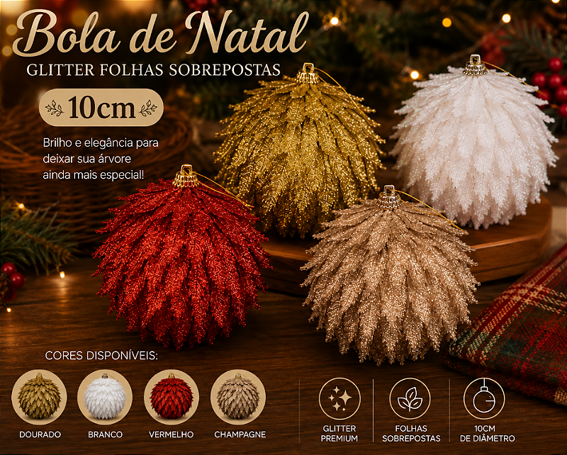 BOLA DE NATAL DECORADA PINHA COM GLITTER 10CM CORES SORTIDAS UNITÁRIA - MULTIART