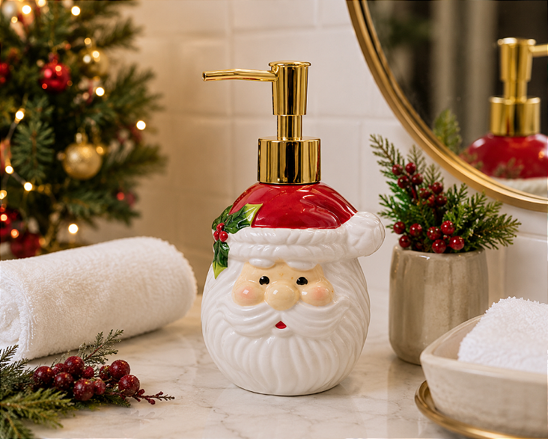 PORTA SABONETE LÍQUIDO OU ALCOOL EM GEL DE PORCELANA PAPAI NOEL 200ML 17CM - MULTIART