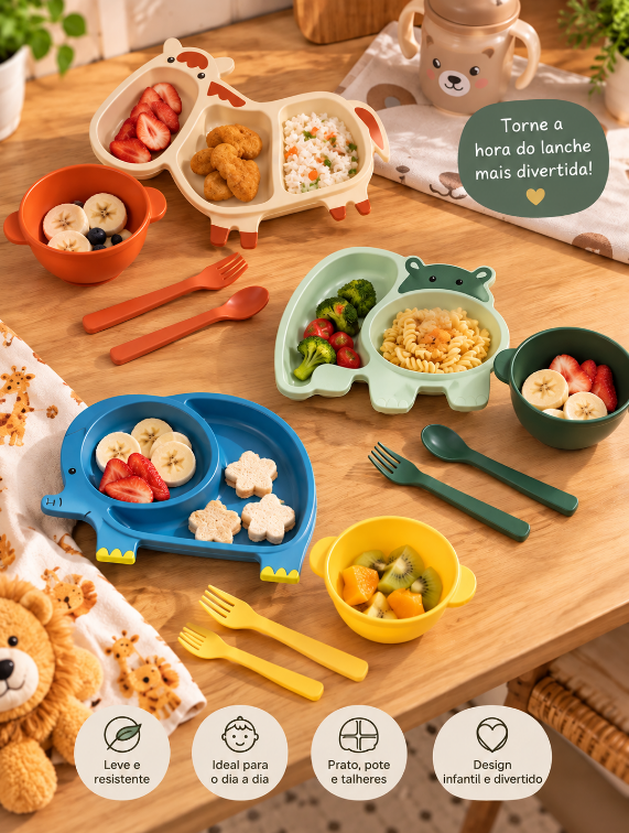 KIT LANCHE INFANTIL DE PLÁSTICO COM PRATO, POTE E TALHERES 25X16CM SORTIDO - CLINK