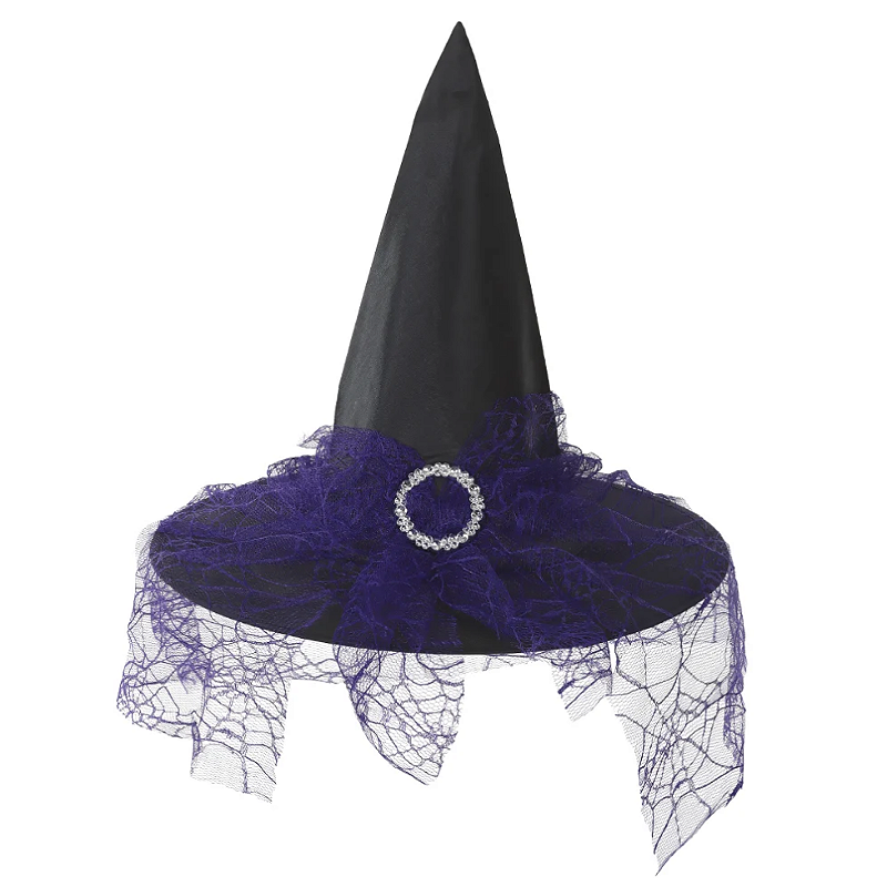 CHAPÉU DE BRUXA COM VÉU TEIA DE ARANHA PRETO COM ROXO 40X34CM - FLORARTE