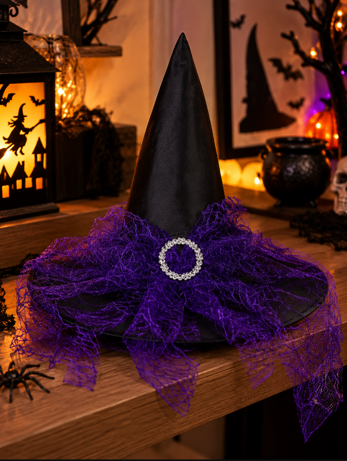 CHAPÉU DE BRUXA COM VÉU TEIA DE ARANHA PRETO COM ROXO 40X34CM - FLORARTE