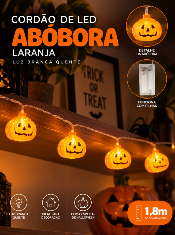 CORDÃO DE LED HALLOWEEN BRANCO QUENTE ABÓBORA LARANJA 1.8 METROS - FLORARTE