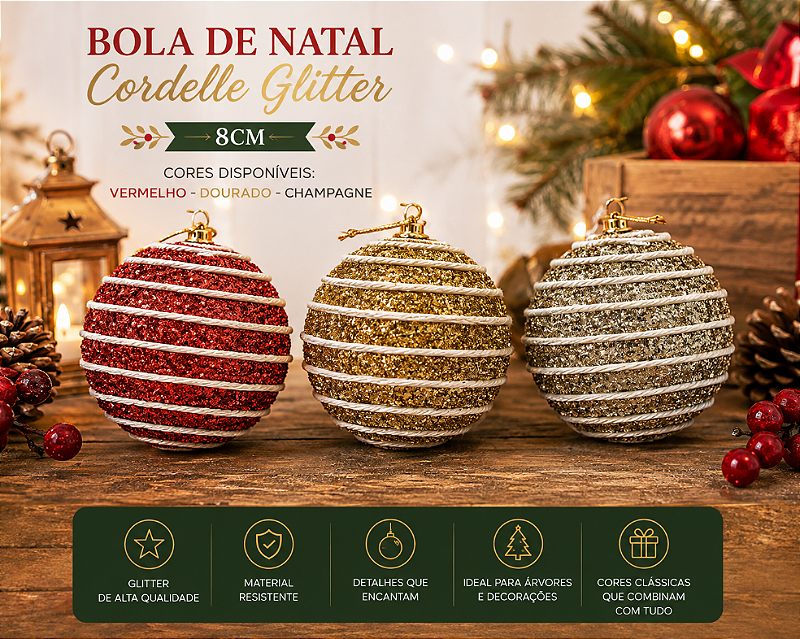 BOLA DE NATAL DECORADA COM GLITTER 8CM CORES SORTIDAS UNITÁRIA - MULTIART