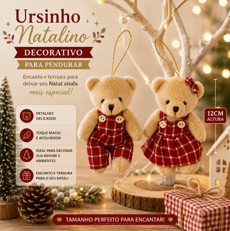 URSINHO DECORATIVO PARA ÁRVORE DE NATAL PARA PENDURAR 12CM UNITÁRIO - MULTIART