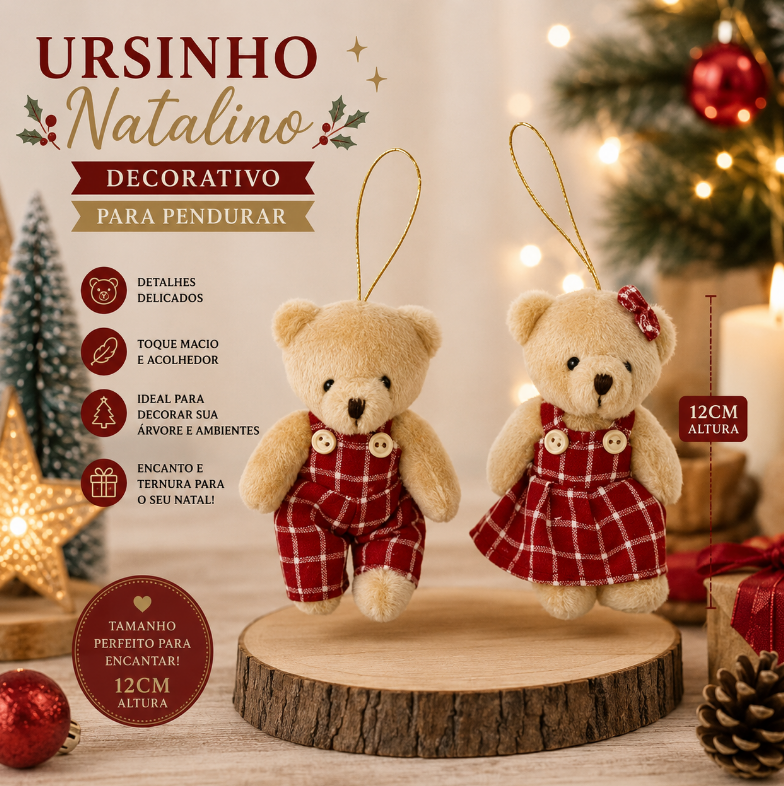 URSINHO DECORATIVO PARA ÁRVORE DE NATAL PARA PENDURAR 12CM UNITÁRIO - MULTIART
