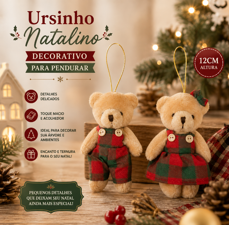 URSINHO DECORATIVO PARA ÁRVORE DE NATAL PARA PENDURAR 12CM UNITÁRIO - MULTIART