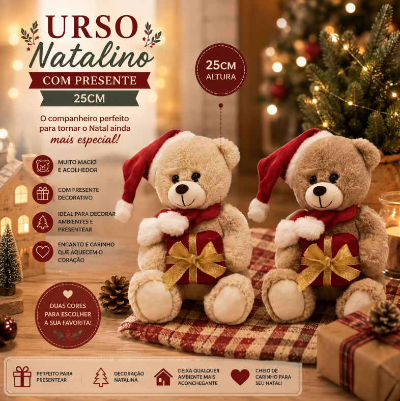 URSO DE PELÚCIA NATALINO COM TOUCA E PRESENTE 25CM UNITÁRIO - MULTIART