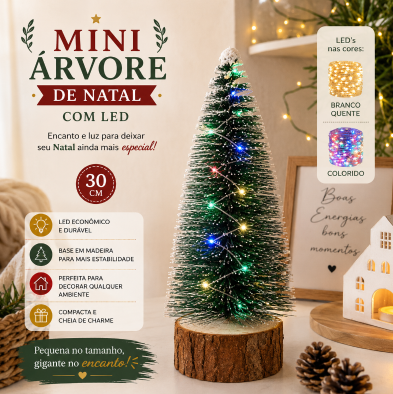 MINI ÁRVORE DE NATAL DECORATIVA COM LED COLORIDO/BRANCO QUENTE 30CM - MULTIART