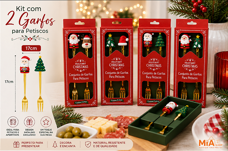 KIT 2 TALHERES PETISCOS NATALINO DOURADO SORTIDOS 17CM - MULTIART