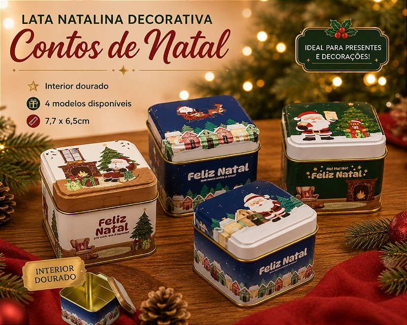 LATA DECORATIVA DE NATAL PARA PRESENTEAR CONTOS DE NATAL INTERIOR DOURADO 7X6CM UNITÁRIO SORTIDO - MULTIART