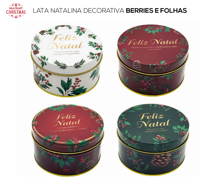 LATA DECORATIVA DE NATAL PARA PRESENTEAR BERRIES E FOLHAS INTERIOR DOURADO 10X6CM UNITÁRIO SORTIDO - MULTIART