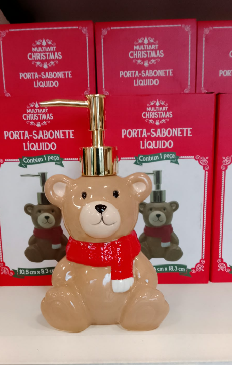 PORTA SABONETE LÍQUIDO OU ALCOOL EM GEL DE PORCELANA URSO DE NATAL 200ML 17CM - MULTIART