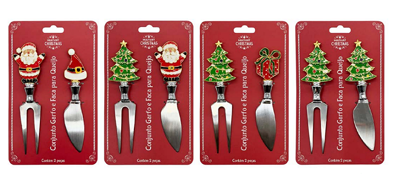 KIT COM GARFO E FACA PARA QUEIJOS TEMA NATALINO 12,8CM SORTIDO - MULTIART