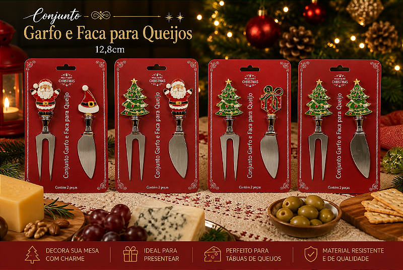 KIT COM GARFO E FACA PARA QUEIJOS TEMA NATALINO 12,8CM SORTIDO - MULTIART