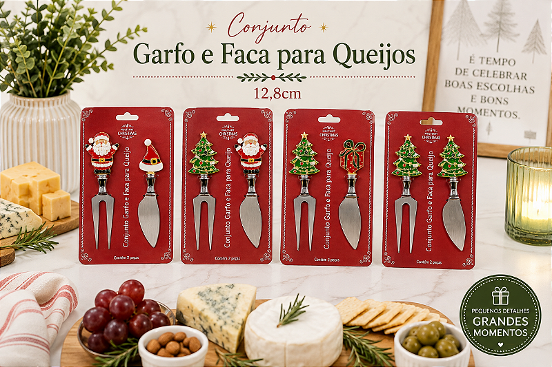 KIT COM GARFO E FACA PARA QUEIJOS TEMA NATALINO 12,8CM SORTIDO - MULTIART