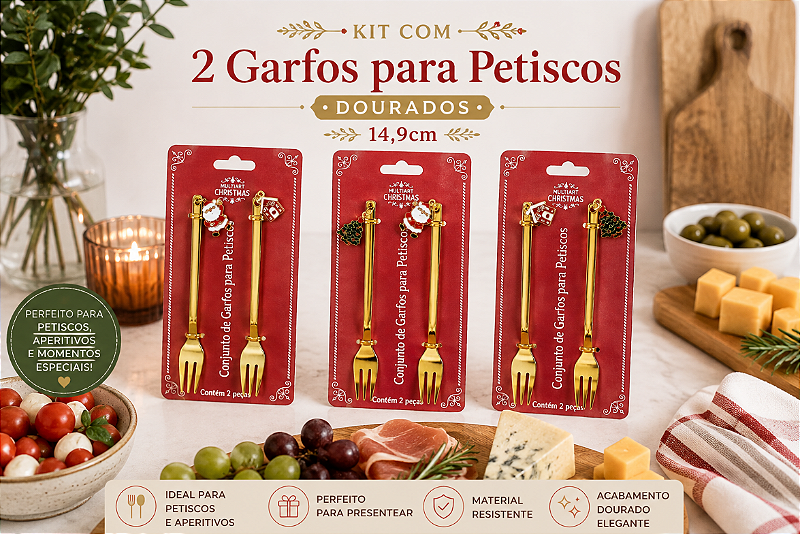 KIT COM 2 GARFOS PARA PETISCO DOURADOS TEMA NATALINO 14,9CM - MULTIART