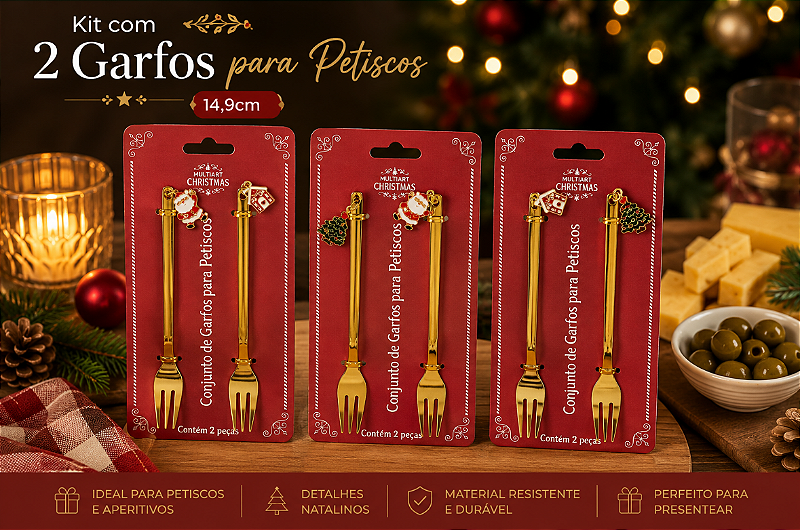 KIT COM 2 GARFOS PARA PETISCO DOURADOS TEMA NATALINO 14,9CM - MULTIART