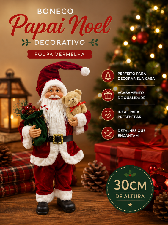BONECO DECORATIVO DE NATAL PAPAI NOEL VERMELHO COM URSO 30CM - MULTIART