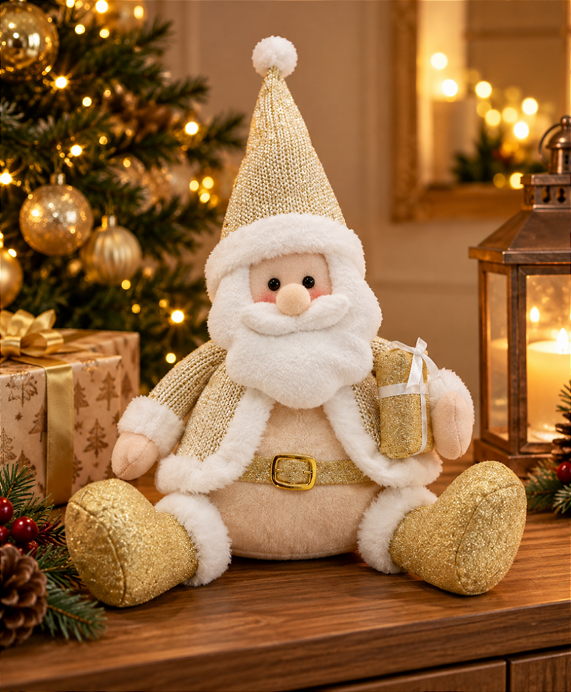 BONECO PAPAI NOEL DECORATIVO DOURADO 45X30CM - MULTIART