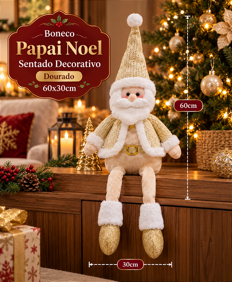 BONECO PAPAI NOEL DOURADO SENTADO DECORATIVO 60X30CM - MULTIART