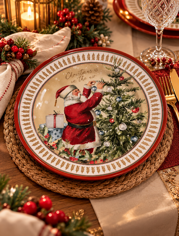 PRATO RASO DE CERÂMICA ACETINADA CENAS NATAL PAPAI NOEL 29CM - ALLEANZA