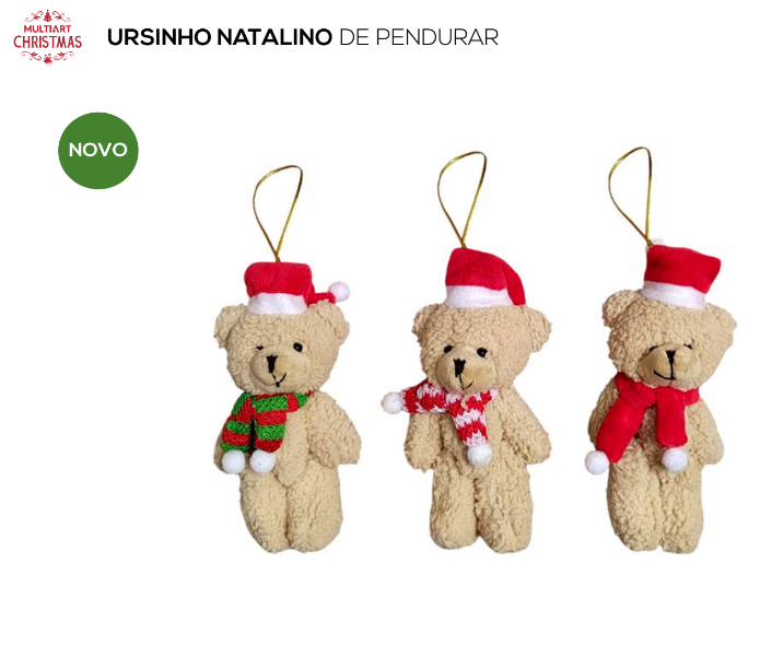 URSINHO DECORATIVO PARA ÁRVORE DE NATAL PARA PENDURAR 12CM UNITÁRIO - MULTIART