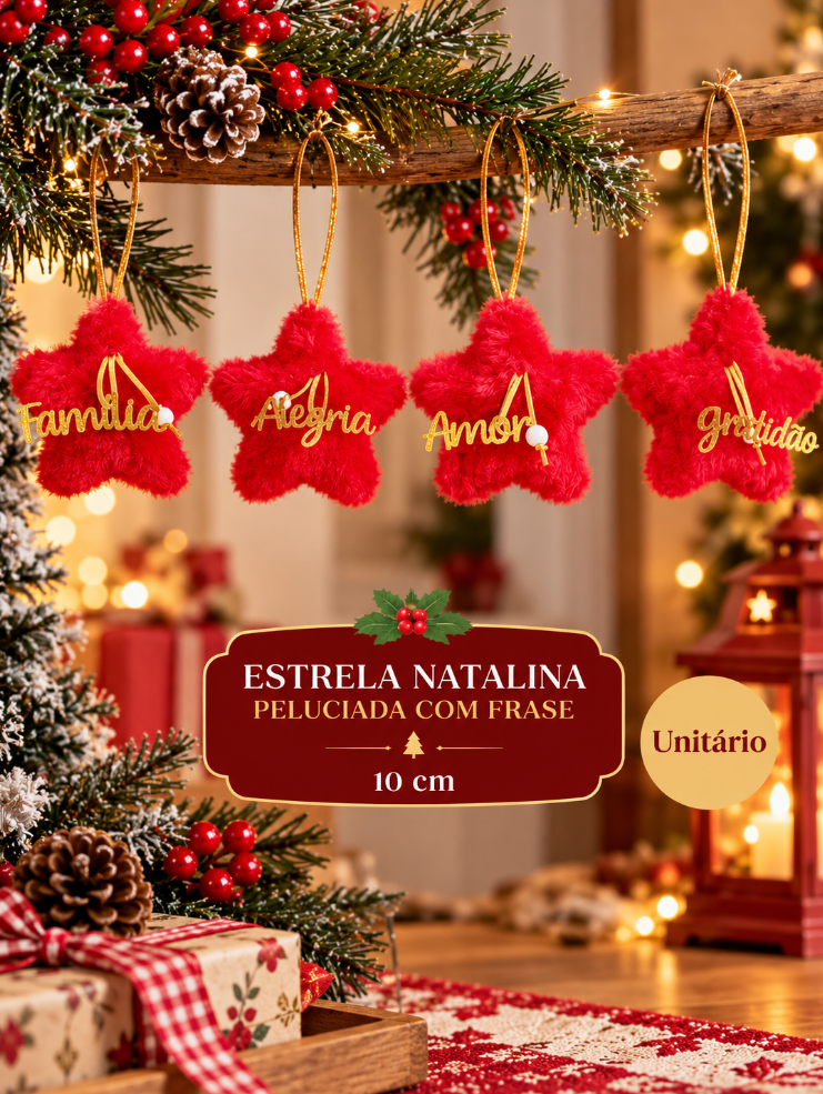 ENFEITE DECORATIVO DE NATAL PELUCIADO ESTRELA FRASES 10CM UNITÁRIO - MULTIART