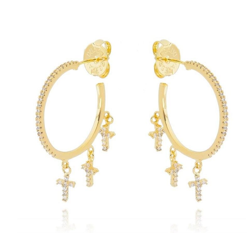 Brinco de Argola com Três/ 3 Cruz Cravejadas em Zircônia Penduradas - Semijoia Argolinha18k