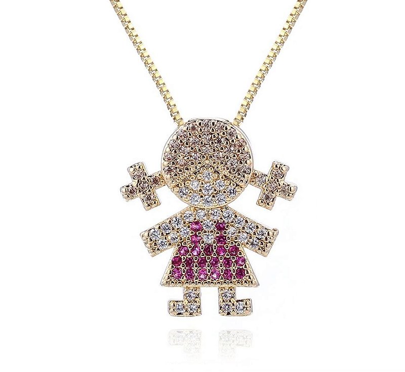Colar  Filha Menina Vestido Rosa - Semijoia Banhada a Ouro 18k