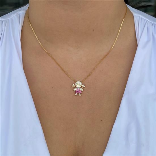 Colar  Filha Menina Vestido Rosa - Semijoia Banhada a Ouro 18k