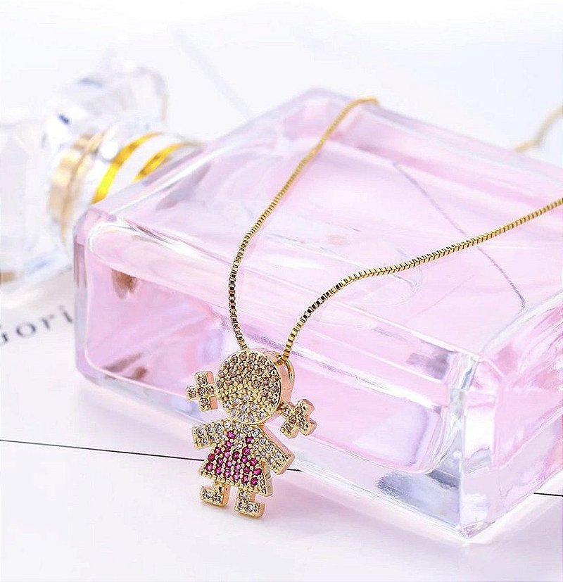 Colar  Filha Menina Vestido Rosa - Semijoia Banhada a Ouro 18k