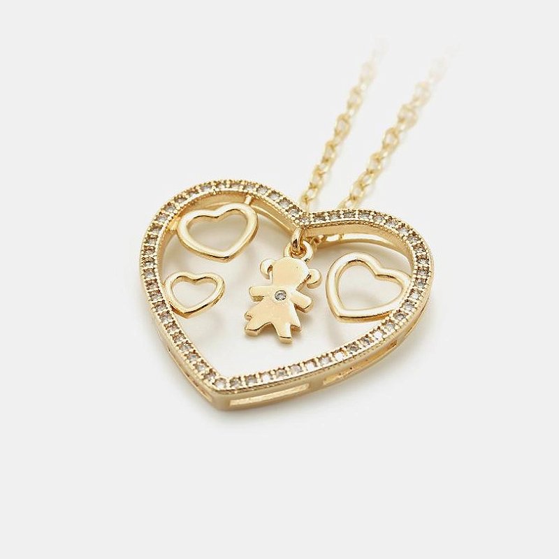 Colar Filha Menina Coração Vazado, Cravejado. Pingente Ponto de Luz Movimenta - Semijoia Banhada a Ouro 18k