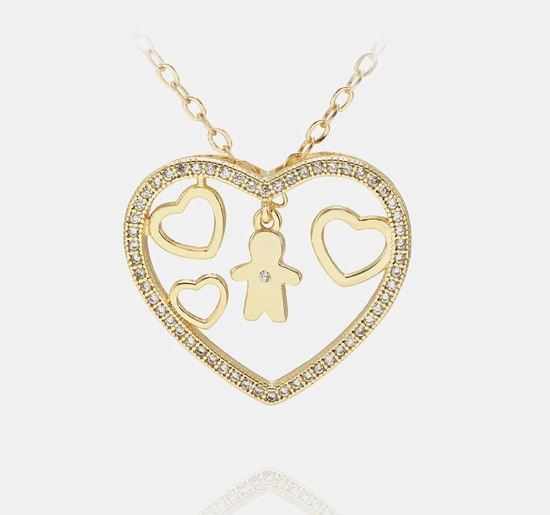 Colar Filha Menina Coração Vazado, Cravejado. Pingente Ponto de Luz Movimenta - Semijoia Banhada a Ouro 18k
