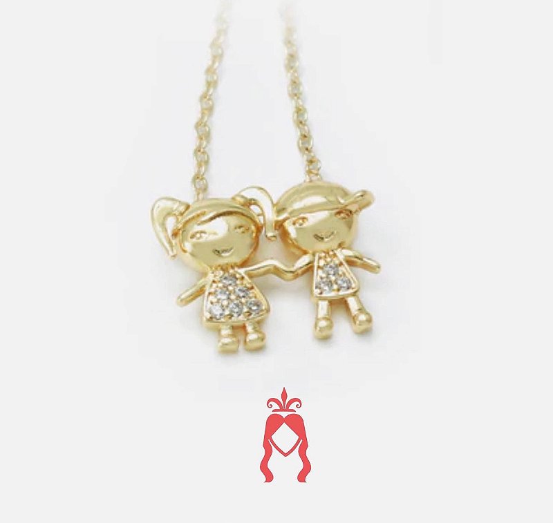 Colar Filho e Filha / Menino e Menina / Casal, Cravejado. Pingente- Semijoia Banhada a Ouro 18k