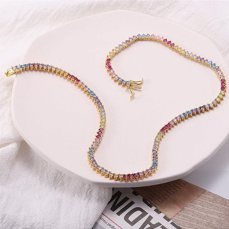 Colar Chocker Riviera  Candy Color Colorida Cristal Zirconia (4mm) 3 Pontos -  Semijoia Banhada a Ouro 18k
