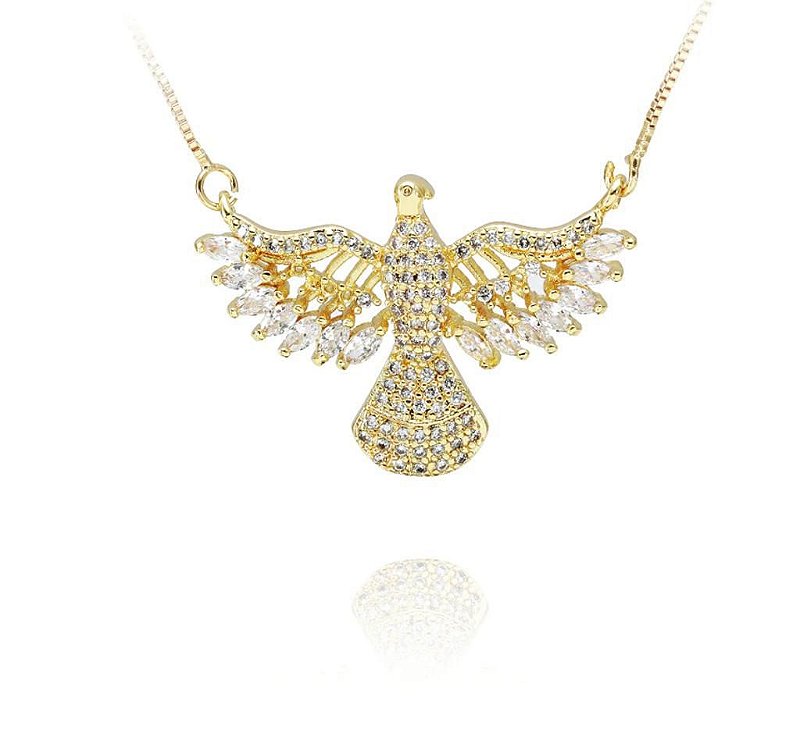 Colar Espirito Santo Cravejado em Zirconia -  Semijoia Banhado a Ouro 18K