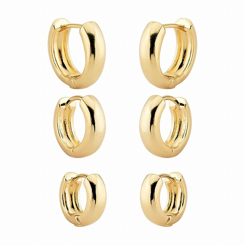 Brinco Kit Trio de Brincos de Argolinhas Lisas Grossas- Semijoia Banhada a Ouro 18K