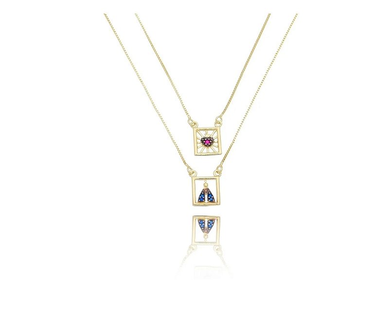 Colar Escapulário Nossa Senhora e Sagrado Coração- Banhado em Ouro 18K