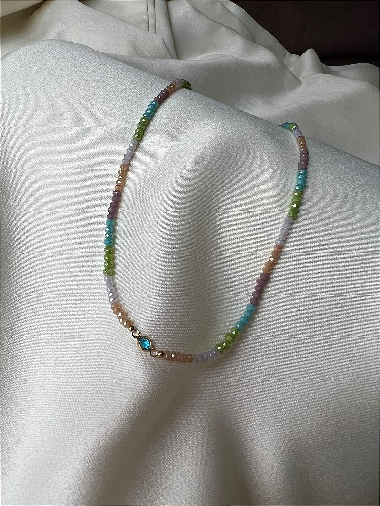 Colar Cristalzinho - Chocker Cristalzinho em Degrade  Colorido - Banhado em ouro 18K