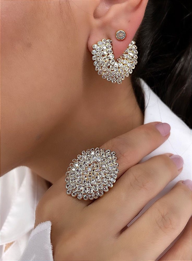 Conjunto Gleice Brinco mais Anel Pura Elegância - Cravação Inglesa de Zircônias - Semijoia Banhada Ouro 18k