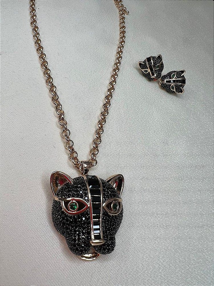 Conjunto Pantera Negra Luxo Preta ou Cristal Todo Cravejado- Semijoia Banhada Ouro 18K