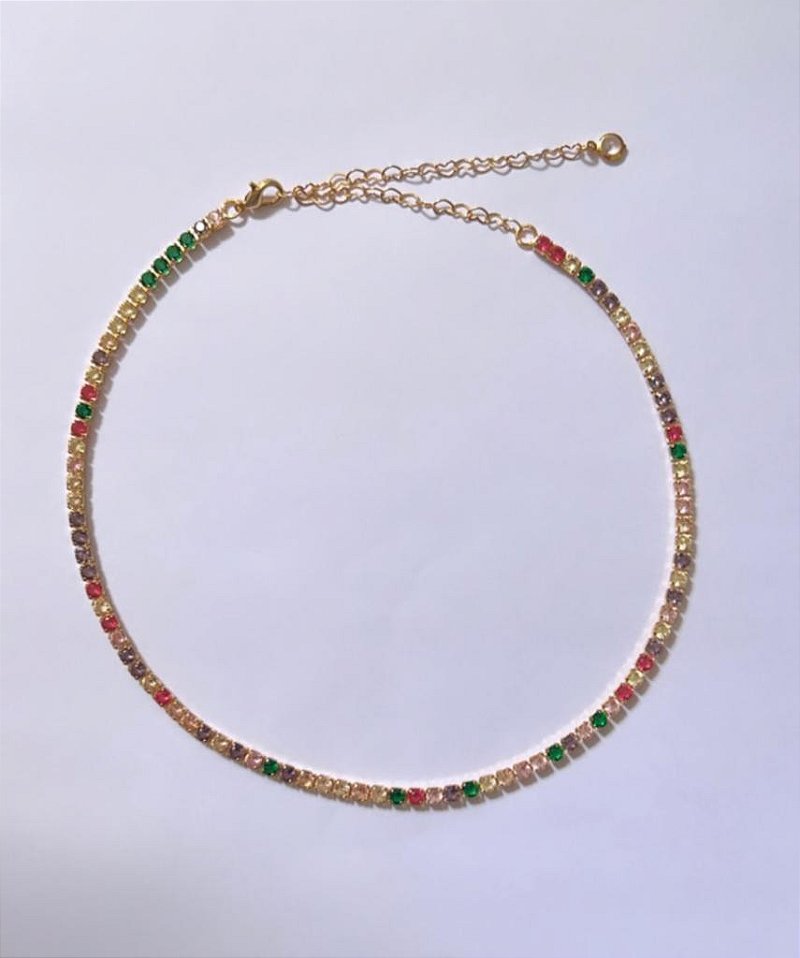 Colar Chocker Riviera de Zirconias Coloridas Candy 3mm - Semijoia Banhada a Ouro 18k