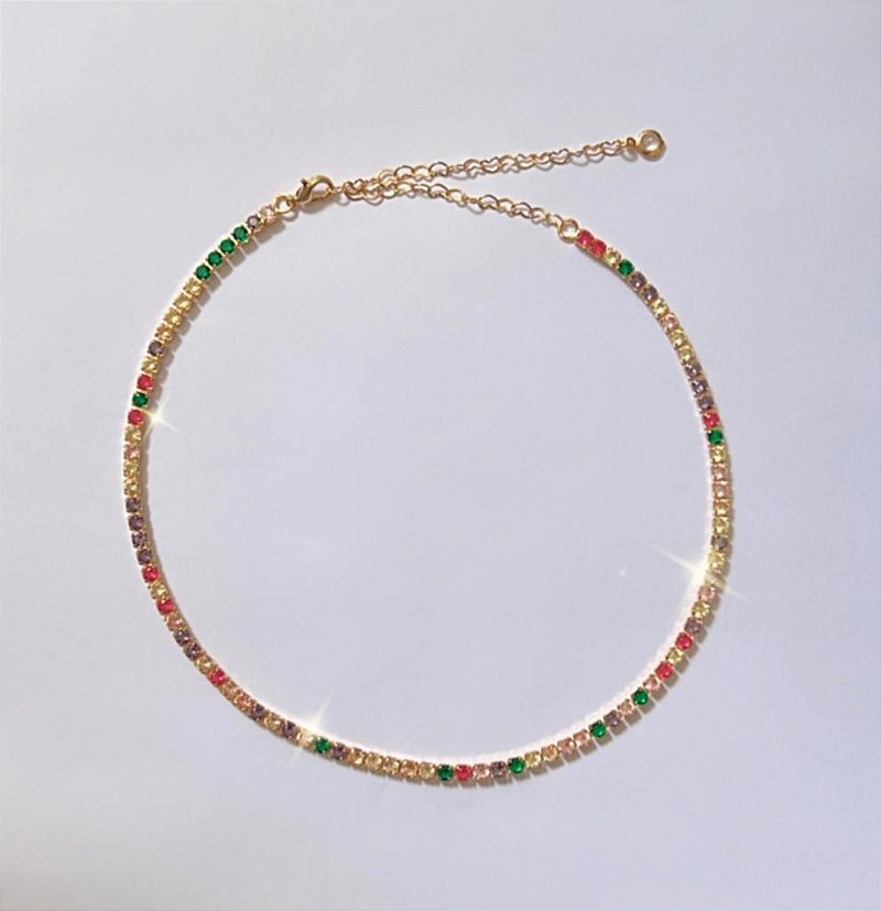 Colar Chocker Riviera de Zirconias Coloridas Candy 3mm - Semijoia Banhada a Ouro 18k