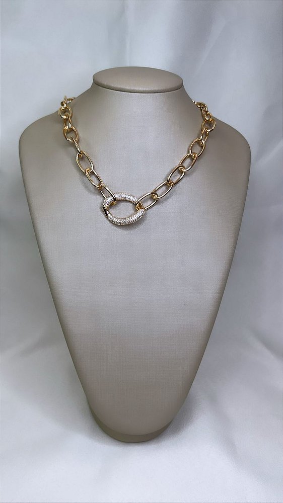 Colar de Elos Largos com Cravejação Corrente de Elo Liso - Banhada a Ouro 18k - Semijoia