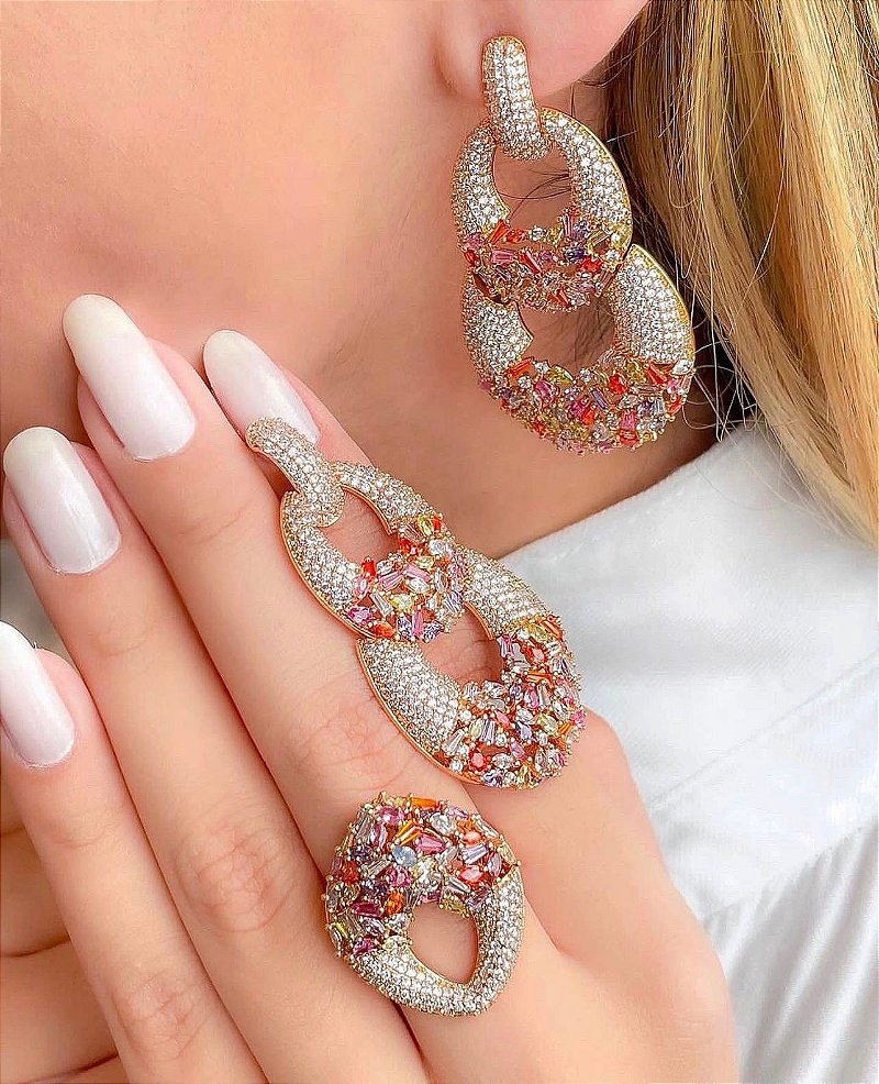 Conjunto Glamour Colors Brinco mais Anel - Todo Cravejado - Semijoia Banhada Ouro 18k
