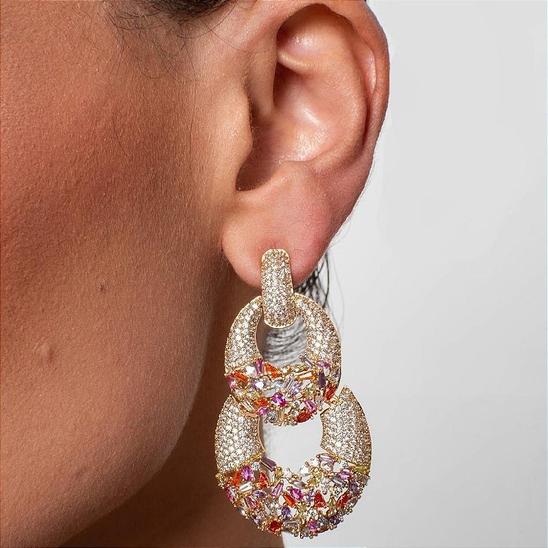 Conjunto Glamour Colors Brinco mais Anel - Todo Cravejado - Semijoia Banhada Ouro 18k